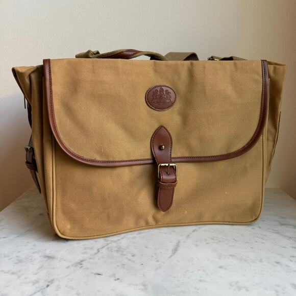 Ralph Lauren Safari Canvas Briefcase Tote Bag Tan w/ Faux Leather Trim - Picture 1 of 8